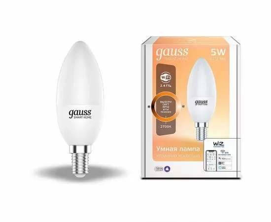 784703 - Gauss Свеча С37 E14 димм. 5W(470lm) 2700К 2K матов., пластик Wi-Fi Smart Home 1100112 (1)