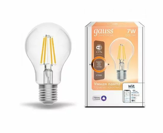 784712 - Gauss Filament ЛОН А60 E27 димм. 7W(806lm) 2700К 2K прозр. филам(нитевид) Wi-Fi Smart Home 1200112 (1)