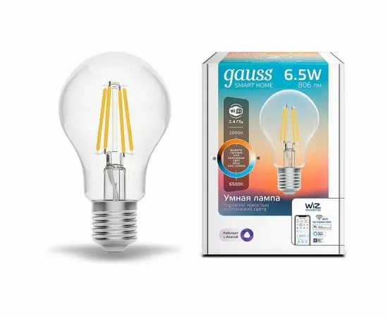 784713 - Gauss Filament ЛОН A60 E27 димм. 6.5W(806lm) 2K-4K-6K прозр. филам(нитевид) Wi-Fi Smart Home 1220112 (1)
