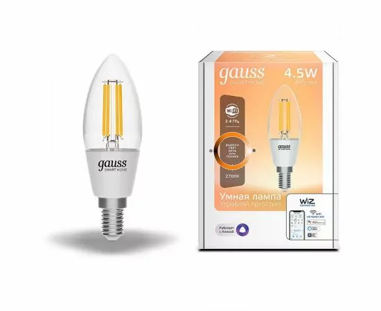 784714 - Gauss Filament Свеча C35 E14 димм. 4.5W(470lm) 2700К 2K проз филам(нитевид) Wi-Fi Smart Home 1230112 (1)