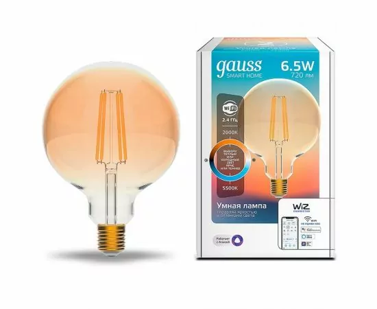 784719 - Gauss Filament лампа G95 E27 6.5W(720lm) 2K-4K-6K 140x95 зол стекло филам(нит) LOFT Wi-Fi Smart Home (1)