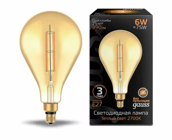 784805 - Gauss Filament PS160 6W(890lm) 2700К 2K E27 golden straight филамент (нитевидная) 179802118 (1)