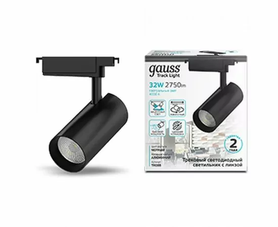 790177 - Gauss св-к св/д трековый на шинопр. 32W(2940Lm 36°) 4000K 4K 75x216 цилиндр черн линза 1-фаз TR088 (1)