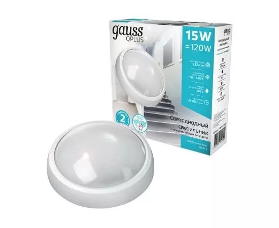 798834 - Gauss св-к св/д ЖКХ Qplus круг 15W(1200lm) 4000K 4K IP54 D175x76 бел дек рам, м-вол сенс 142411215-S (1)