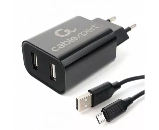 804070 - Сет. адаптер/зарядник/блок пит Cablexpert MP3A-PC-35, 2xUSB, общее 2.4A, черный + кабель 1м micro US (1)