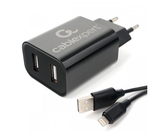 804071 - Сет. адаптер/зарядник/блок пит Cablexpert MP3A-PC-36, 2xUSB 2, общее 2.4A, черный + кабель 1м 8pin ( (1)