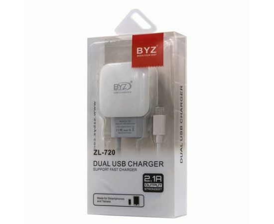 787629 - Сет. адаптер/зарядник/блок пит. 220V-5V BYZ ZL-T720TW, 2хUSB-А, 2.1А Android/iOS+кабель Type-C, 1 м (1)