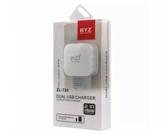 787636 - Сет. адаптер/зарядник/блок пит. 220V-5V BYZ ZL-720 EU, 2хUSB-А, 2.1А, Android/iOS, белый (1)