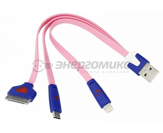 608001 - Кабель USB(A)шт. 3 в 1 светящиеся разъемы для iPhone 5/4/microUSBшт. 0.15М розовый, (10!) 18-4251 (1)