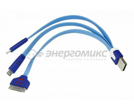 608002 - Кабель USB(A)шт. 3 в 1 светящиеся разъемы для iPhone 5/4/microUSBшт. 0.15М синий, (10!) 18-4255 (1)