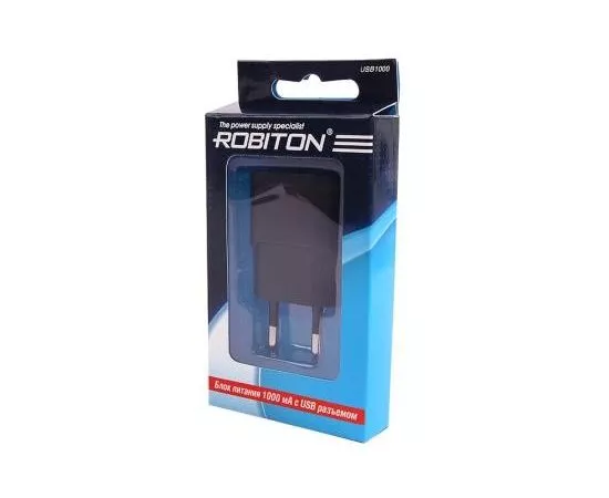 328961 - Сет. адаптер/зарядник/блок пит. Robiton USB1000 New 220V-5V AC/DC (5V 1A) импул. USB, черный, 08116 (1)