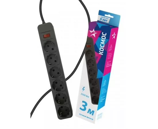 808413 - КОСМОС сет. удл.-фильтр ПВС 3х1  6роз. 3м 16А (3500 Вт) черный, земля, выкл. FKsm3m-6g(B)16A (1)