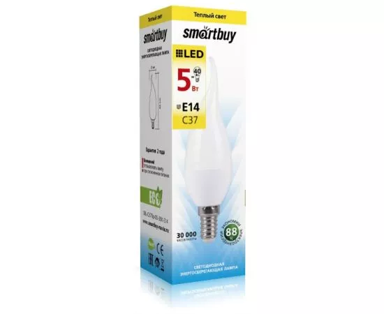 553540 - св/д Smartbuy свеча на ветру C37 E14 5W(350lm) 3000K матовая пластик SBL-C37Tip-05-30K-E14 (1)