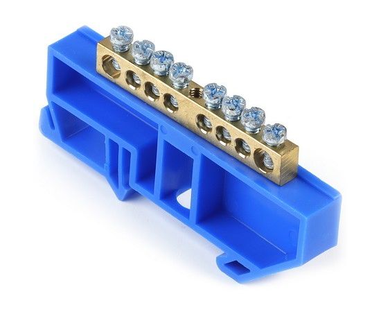 765584 - Smartbuy Шина N Ноль (нул.) (латунь) 6х9мм, синий изолятор на DIN-рейку, 8 отв. SBE-bc-8-dr (1)