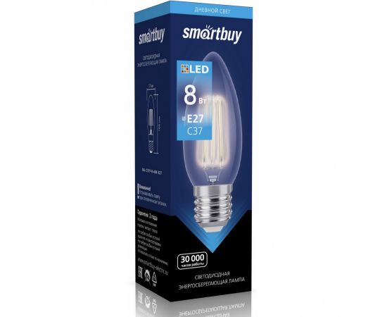 781472 - Smartbuy свеча C37 E27 8W(750lm) 4000K 4K филамент (нитевид) прозр. SBL-C37F-8-40K-E27 (1)