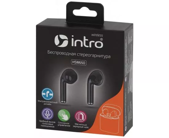 806818 - Intro Наушники HSW650 вкладыши сенсорные с зар. кейсом, Bluetooth-гарнитура, черные (1)