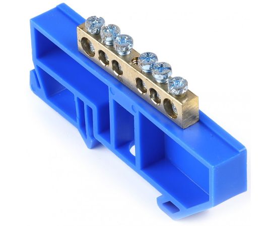 765583 - Smartbuy Шина N Ноль (нул.) (латунь) 6х9мм, синий изолятор на DIN-рейку, 6 отв. SBE-bc-6-dr (1)
