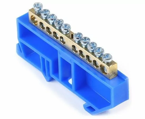 765580 - Smartbuy Шина N Ноль (нул.) (латунь) 6х9мм, синий изолятор на DIN-рейку, 10 отв. SBE-bc-10-dr (1)