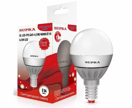 441223 - Лампа св/д Supra Шар G45 E14 4,5W(350lm) 4000 матовая 77x45 пластик/алюм. SL-LED-PR-G45-4.5W/4000/E (1)