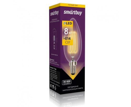 812584 - Smartbuy свеча C37 E14 8W(750lm) 3000K 3K филамент (нитевид) прозр. SBL-C37F-8-30K-E14 (1)