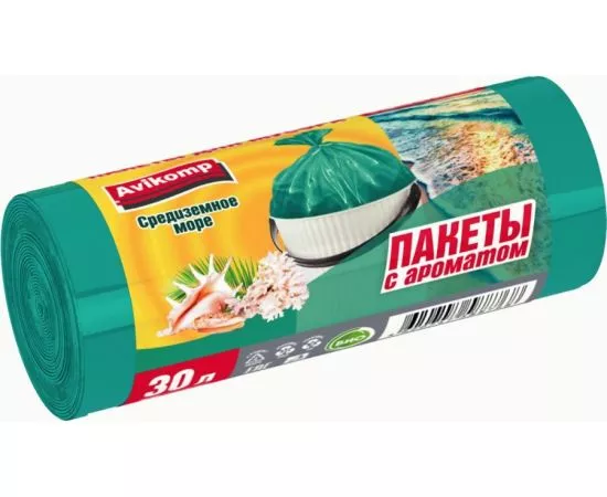 818857 - Мешки для мусора 30л/20шт,9мкм,ПНД,ароматизир,бирюзовые,рулон,Средизем море 88768 Avikomp(выв (1)