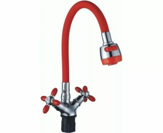 810408 - Эверест Смеситель для кухни (Zn) трубчатый гибкий излив,кран-букс1/2,двухв,гайка,хром-красн,B57-071C (1)