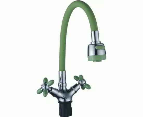 810410 - Эверест Смеситель для кухни (Zn) трубчатый гибкий излив,кран-букс1/2,двухв,гайка,хром-зелен,B57-071E (1)