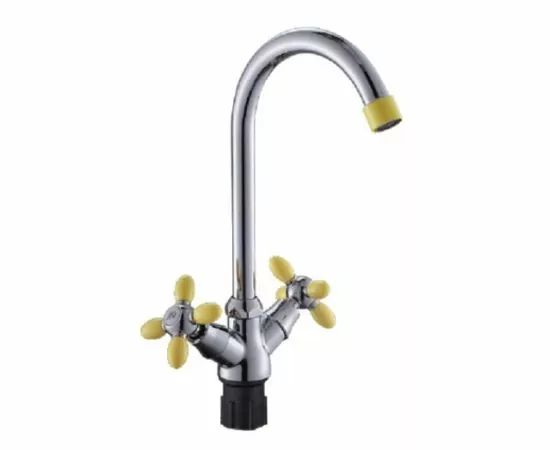 810450 - Эверест Смеситель для кухни (Zn) трубчатый излив, кран-буксы1/2, гайка,двухвент,хром-желтый,B59-071B (1)