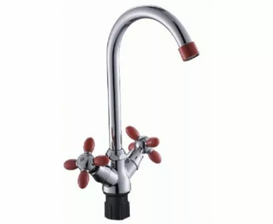 810451 - Эверест Смеситель для кухни (Zn) трубчатый излив, кран-буксы1/2, гайка,двухвент,хром-красн,B59-071C (1)