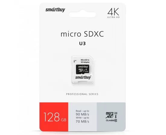 792160 - Флэш-карта (памяти) micro SDXC Smartbuy 128GB Class10 PRO U3,адаптер SD (SB128GBSDCL10U3-01) (1)