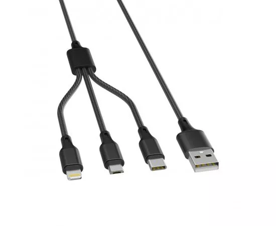 821481 - Кабель USB(A)шт. - microUSB, Type-C, Lightning шт. 2.4A, 1м ткань, черный Старт 07758 (1)