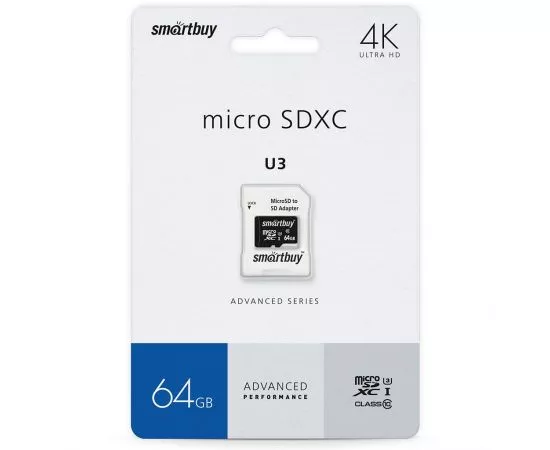 802845 - Флэш-карта (памяти) micro SDXC Smartbuy 64GB U3 V30 A1 Advanced R/W up to 90/55+ад.(SB64GBSDU1A-AD) (1)