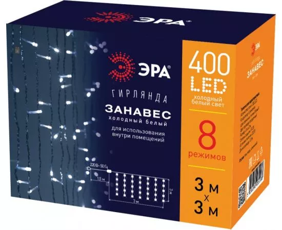 797485 - ЭРА Гирлянда-занавес 400LED xолодный белый 3x3м., 8реж. IP20 220V ЕNIGW - 400W Б0051875 (1)