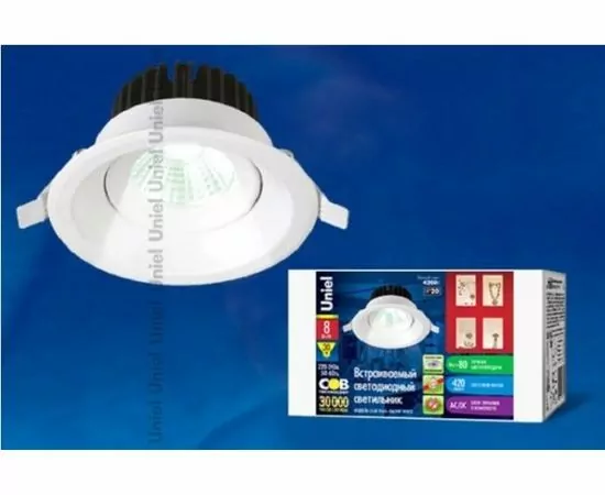 557036 - Uniel св-к св/д встр. 8W(420lm 24°) 4200K 4K прозрачный/белый 103(90)x73 IP20 ULМ-R66A-8W/NW (1)