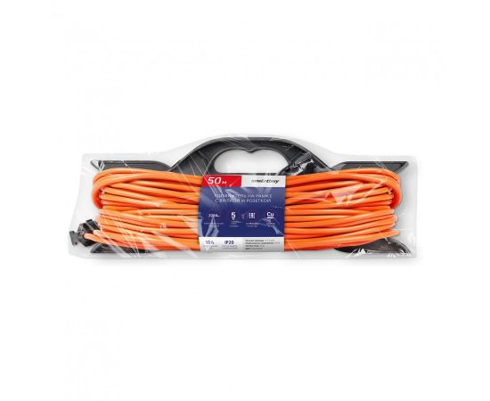 837561 - SmartBuy силовой удлинитель на рамке ПВС 2х1 1 роз. 50м (макс. ток 10А) оранж., IP20 SBE-10-1-50-F (1)