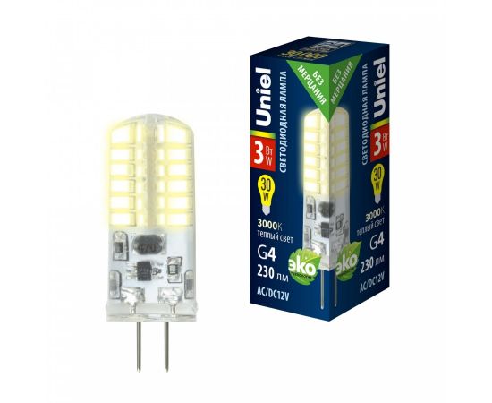 838371 - Uniel G4 12V 3W 3000K 2K 37x13 силикон LED-JC-12/3W/3000K/G4/C SIZ05TR (1)