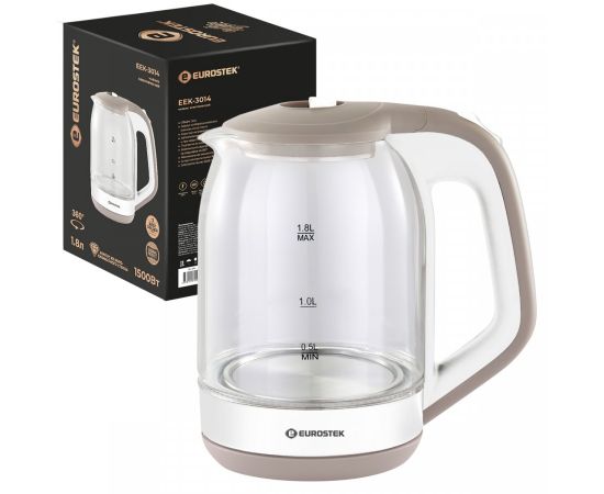 838627 - Чайник электр. Eurostek EEK-3014 (диск, 1,8л) 1,5кВт, стекло/пластик, бежевый, с подстветкой (1)