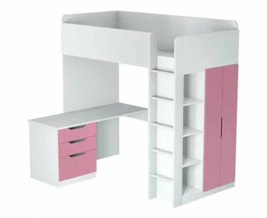 833372 - Кровать-чердак Polini kids Simple с письменным столом и шкафом, белый-роза (мест 8) (1)