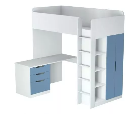 833374 - Кровать-чердак Polini kids Simple с письменным столом и шкафом, белый-синий (мест 8) (1)