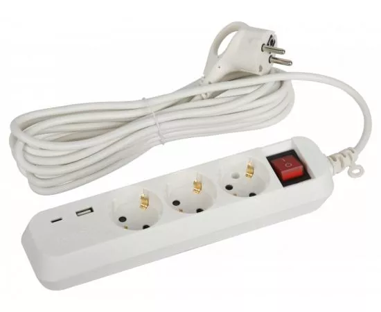 845264 - Эра сет.удл. ПВС 3x0.75 3 роз+USB+Type C, 5м 10А земля, выкл, UB-3es-5m-USB 52899 (1)