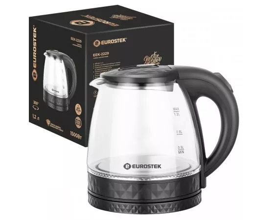 845216 - Чайник электр. Eurostek EEK-2229 (диск, 1,2л) 1,5кВт, стекло, черный (1)