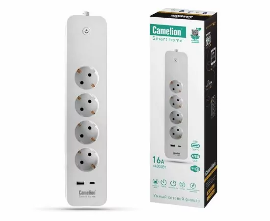 846515 - Camelion Smart Home Wi-Fi Умный сет.фильтр 4 роз.+ USB+Type-С 16A 4000W 1.5м SZD/SH/4х1,5/WIFI (1)