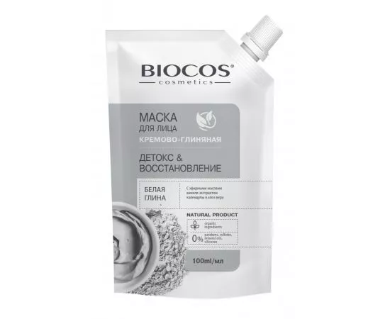 849190 - Маска для лица на основе белой глины Детокс и Восстановление в дойпаке 100мл BioCos (1)