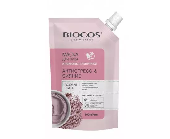 849191 - Маска для лица на основе розовой глины Антистресс и Сияние в дойпаке 100мл BioCos (1)