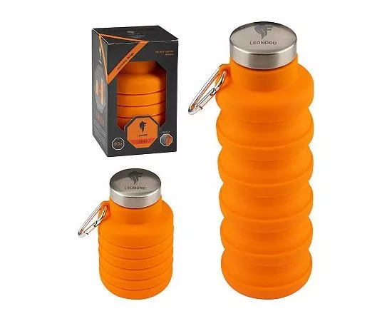 852346 - Бутылка для воды LEONORD LEO-01 500мл складная, с карабином, оранжевая (1)