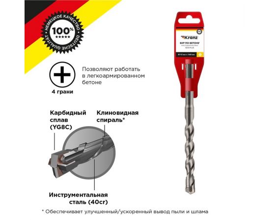 847376 - Бур по бетону 12x160x100 мм крестовая пластина SDS PLUS Kranz (цена за шт) KR-91-0821 (1)