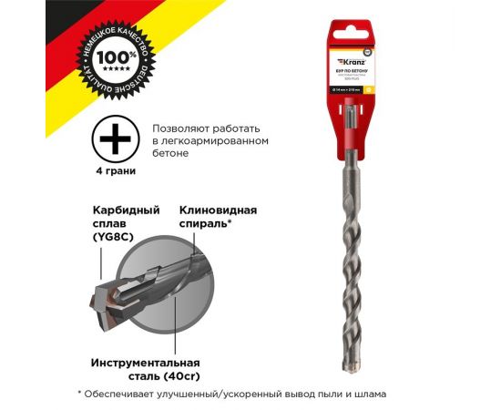 847378 - Бур по бетону 14x210x150 мм SDS PLUS крестовая пластина Kranz (цена за шт) KR-91-0835 (1)