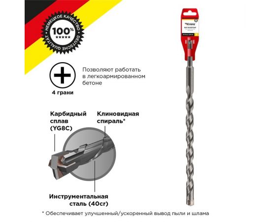 847380 - Бур по бетону 14x310x250 мм SDS PLUS крестовая пластина Kranz (цена за шт) KR-91-0101 (1)