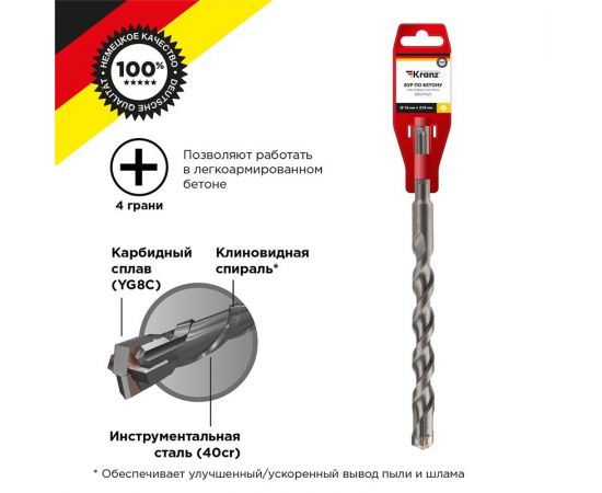 847381 - Бур по бетону 16x210x250мм SDS PLUS крестовая пластина Kranz (цена за шт) KR-91-0836 (1)