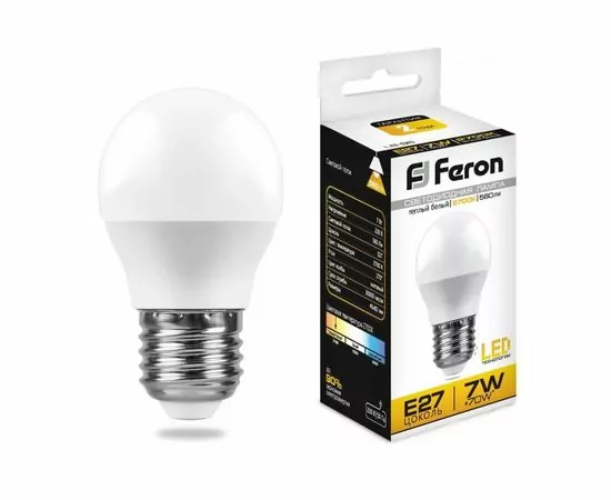 619945 - Feron шар G45 E27 7W(560lm) 2700K 2K матовая 82x45, LB-95 25481 (1)